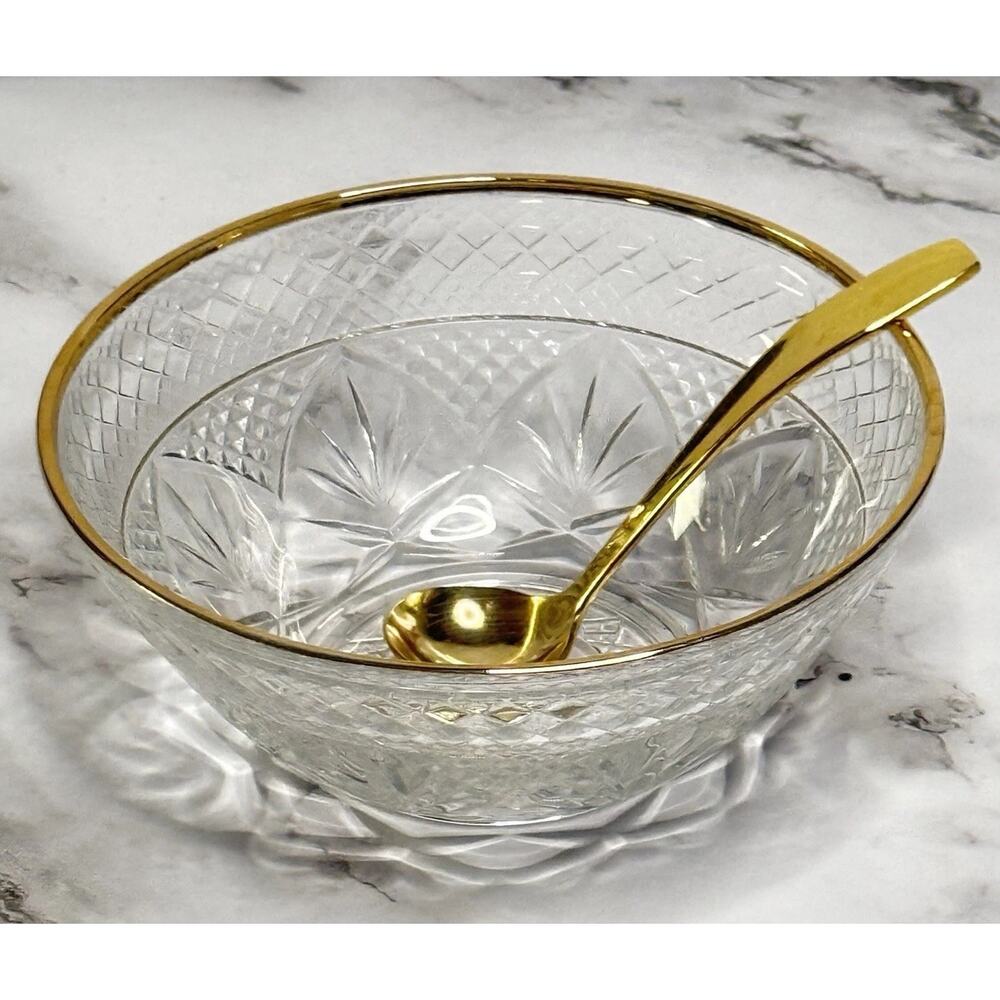 Vintage Cut Glass Crystal Bowl with Gold Rim & Matching Gold Spoon Serving Dish